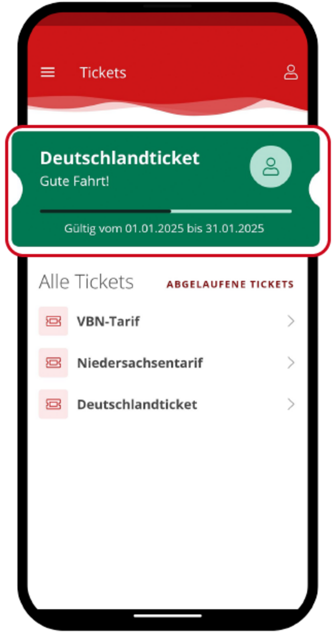 Ticket-Übersicht der FahrPlaner-App mit aktiviertem Deutschlandticket. Das Ticket ist grün hervorgehoben.