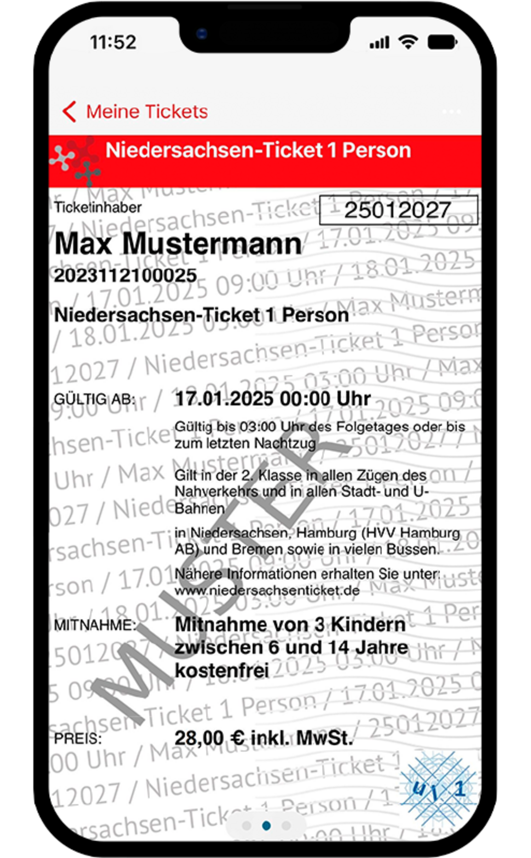 Digitales Niedersachsen-Ticket für eine Person in der FahrPlaner-App. Der Name des Ticketinhabers ist angegeben. Das Ticket enthält Informationen zur Gültigkeit, Mitnahmeregelungen und Bedingungen. Ein Wasserzeichen mit „MUSTER“ ist sichtbar.