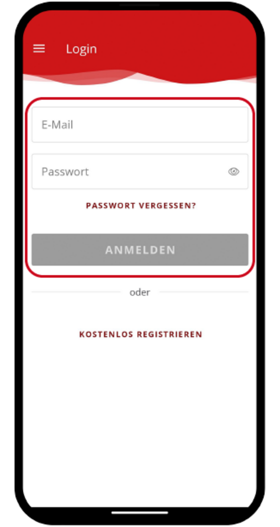 Login-Maske mit Eingabefeldern für E-Mail und Passwort. Der Button „Anmelden“ ist markiert – hier klicken, um sich einzuloggen.