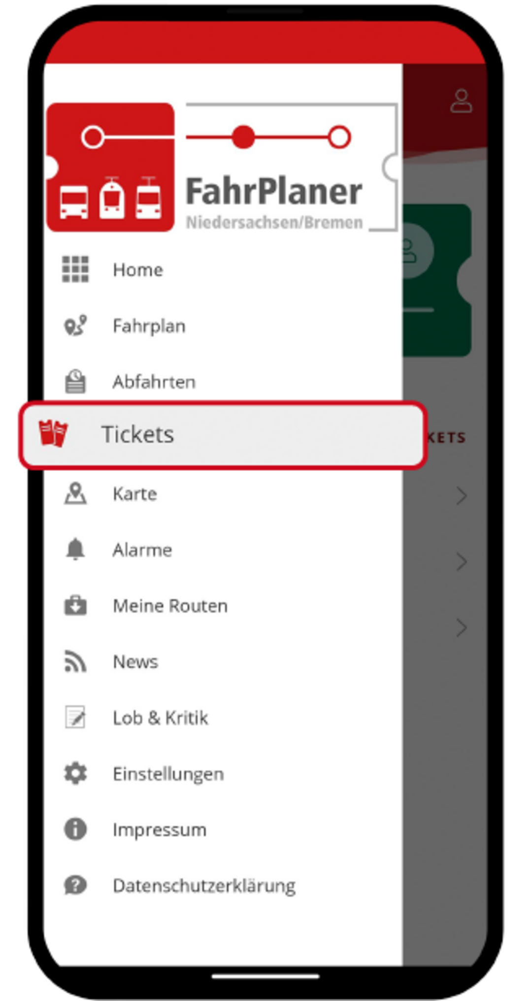 Seitenmenü der FahrPlaner-App mit verschiedenen Navigationspunkten. Der Menüpunkt „Tickets“ ist hervorgehoben – hier tippen, um zur Ticket-Übersicht zu gelangen.