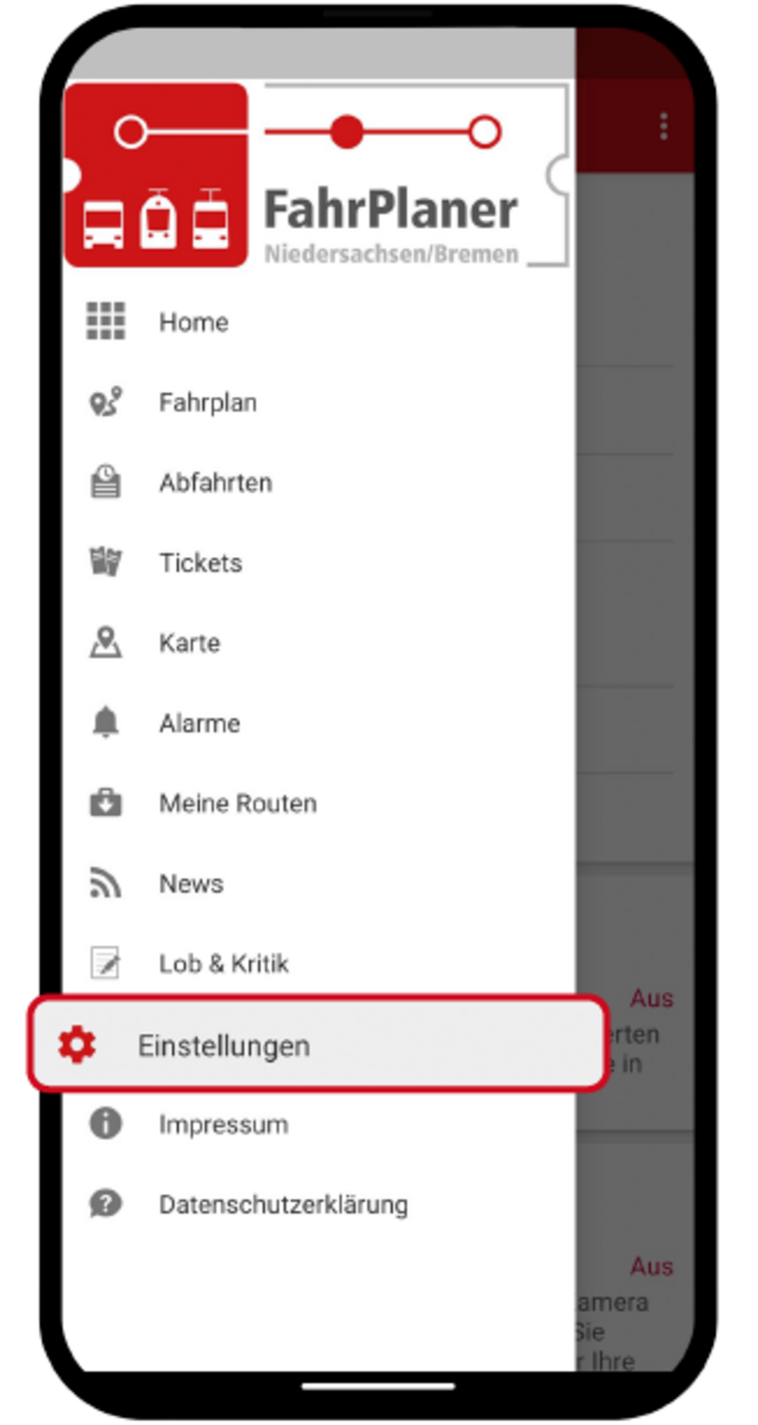 Seitenmenü der FahrPlaner-App mit verschiedenen Navigationspunkten. Der Menüpunkt „Einstellungen“ ist hervorgehoben – hier tippen, um die App-Einstellungen zu öffnen.