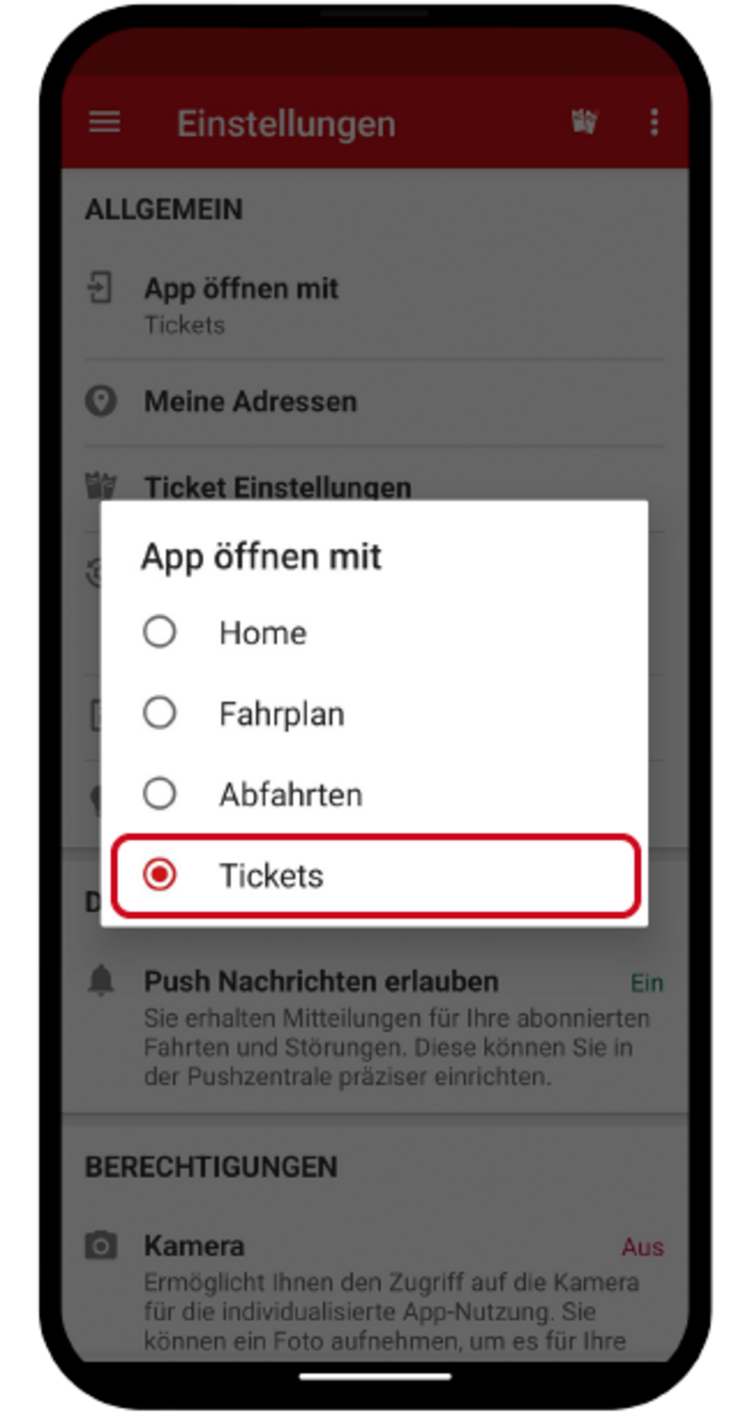 Einstellungsmenü der FahrPlaner-App mit geöffnetem Auswahlmenü für „App öffnen mit“. Die Option „Tickets“ ist ausgewählt – die App startet künftig direkt im Ticket-Bereich.
