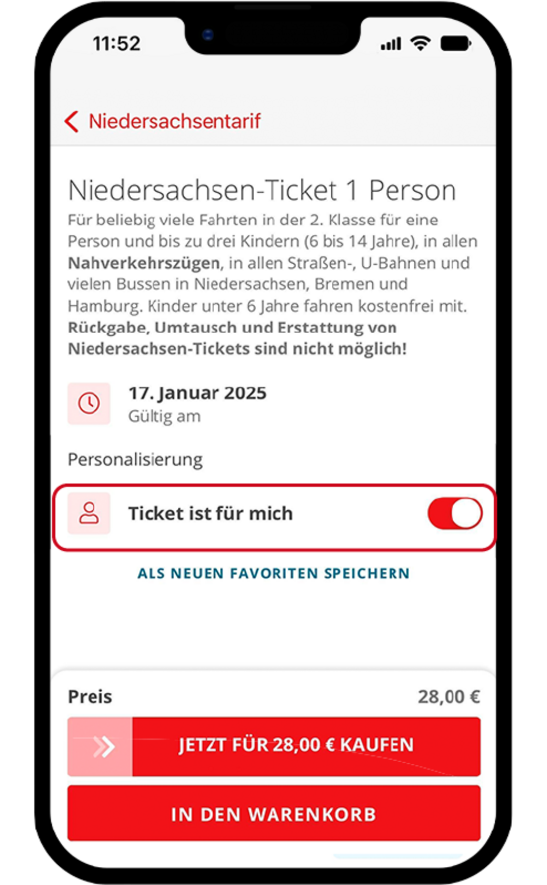Buchungsseite für ein Niedersachsen-Ticket in der FahrPlaner-App. Die Option „Ticket ist für mich“ ist aktiviert. Buttons für den Kauf oder das Hinzufügen zum Warenkorb sind verfügbar.