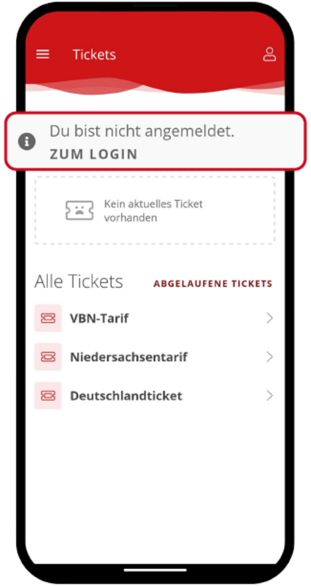 Ticket-Übersicht mit Hinweis „Du bist nicht angemeldet.“ Ein Button mit „Zum Login“ ist hervorgehoben – hier klicken, um sich anzumelden.