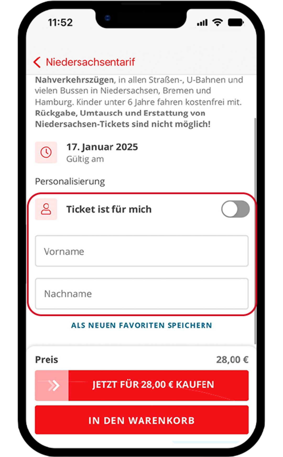 Buchungsseite für ein Niedersachsen-Ticket in der FahrPlaner-App. Die Option „Ticket ist für mich“ ist deaktiviert, stattdessen gibt es Eingabefelder für den Vor- und Nachnamen einer anderen Person. Ein Button „Jetzt kaufen“ und eine Option „In den Warenkorb“ sind verfügbar.