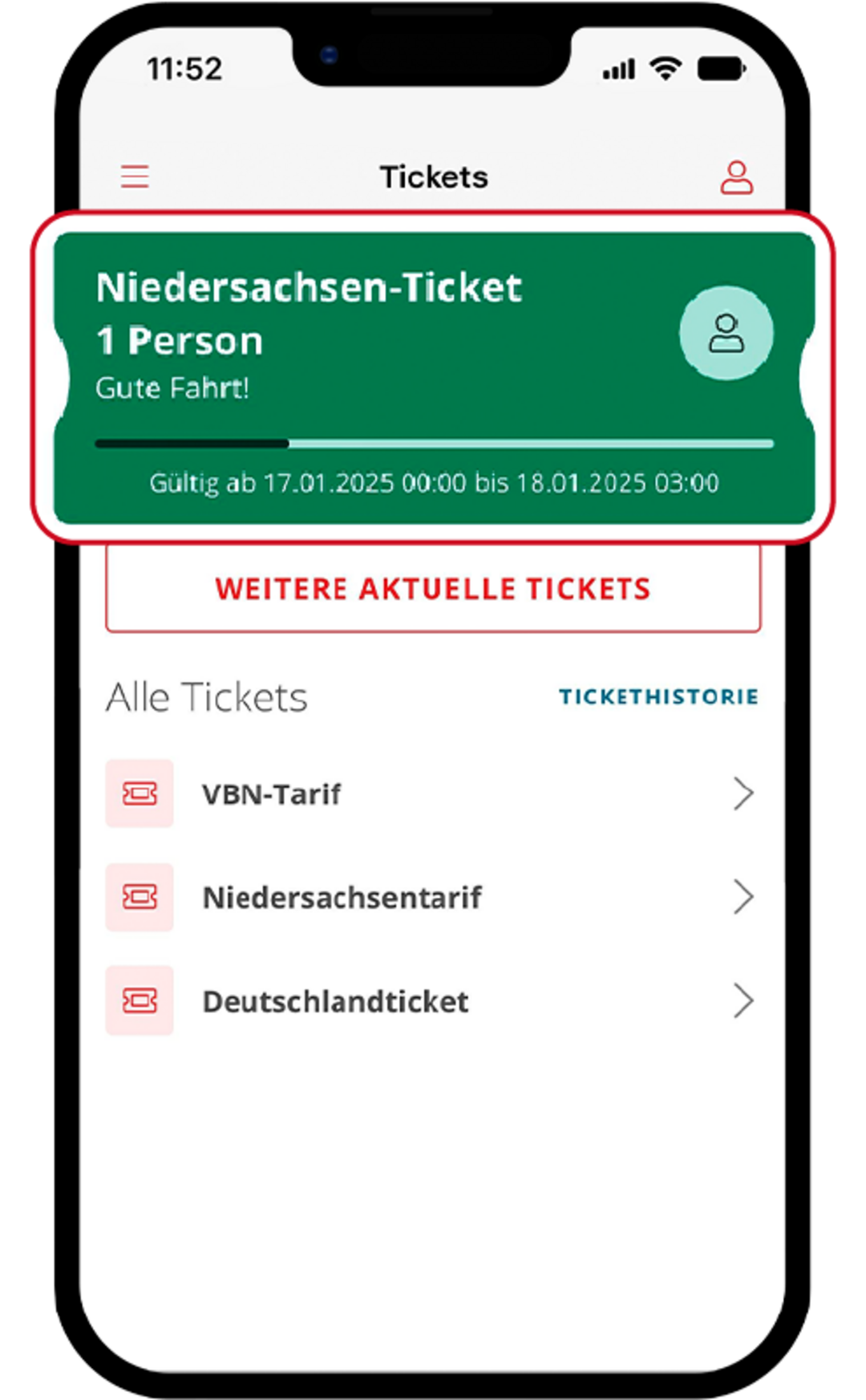 Ticket-Übersicht in der FahrPlaner-App mit aktiviertem Niedersachsen-Ticket für eine Person. Das Ticket ist grün hervorgehoben und zeigt die Gültigkeitsdauer. Ein Button „Weitere aktuelle Tickets“ ist verfügbar.