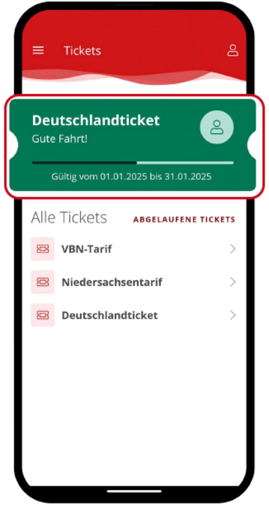 Ticket-Übersicht mit aktiviertem Deutschlandticket. Das Ticket ist grün hervorgehoben.