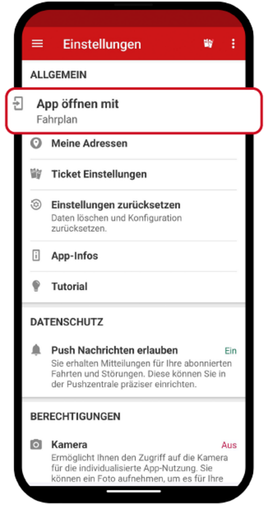 Einstellungsmenü der FahrPlaner-App mit verschiedenen Optionen. Die Einstellung „App öffnen mit“ ist hervorgehoben – hier kann festgelegt werden, welcher Bereich der App beim Start geöffnet wird.