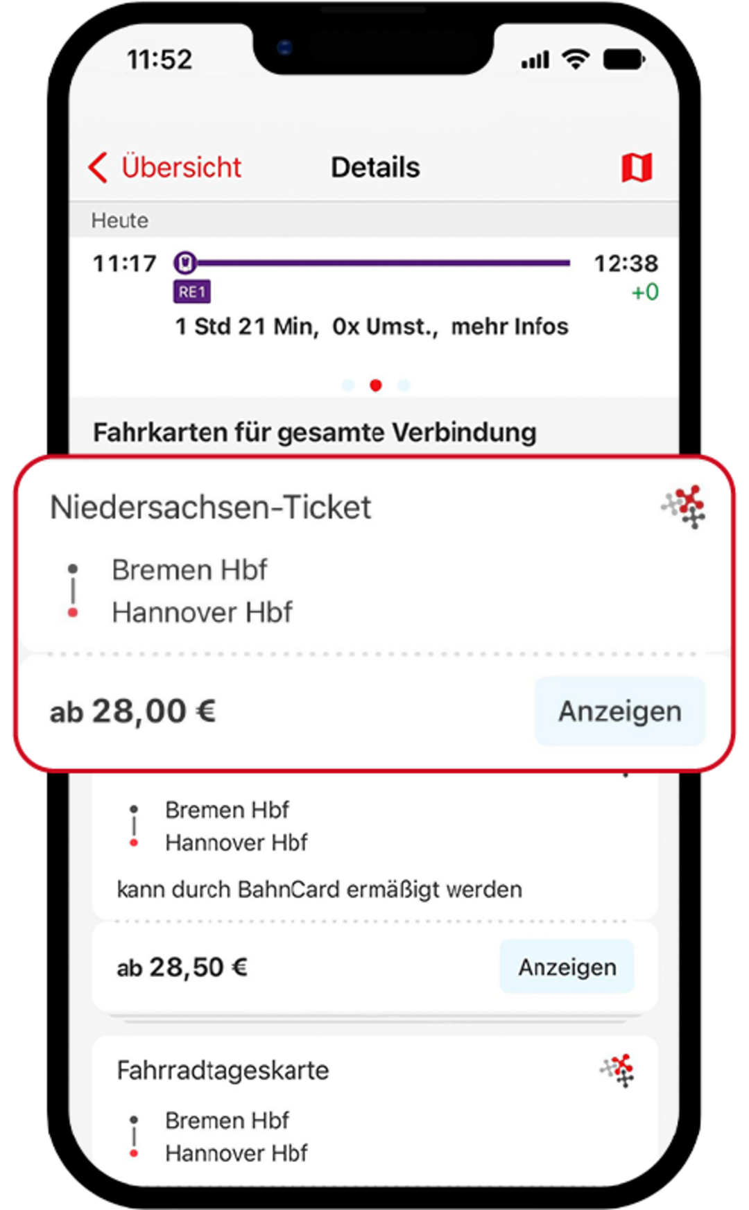 Verbindungsdetails in der FahrPlaner-App mit einer Ticketübersicht. Das Niedersachsen-Ticket ist hervorgehoben. Ein Button „Anzeigen“ führt zu weiteren Ticketdetails.
