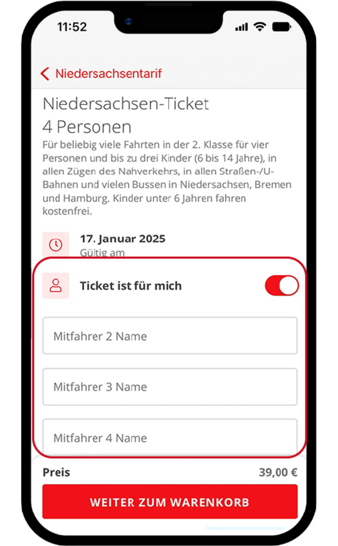 Buchungsseite für ein Niedersachsen-Ticket für vier Personen in der FahrPlaner-App. Die Option „Ticket ist für mich“ ist aktiviert. Es gibt Eingabefelder für die Namen der Mitfahrer. Ein Button „Weiter zum Warenkorb“ führt zum nächsten Schritt.