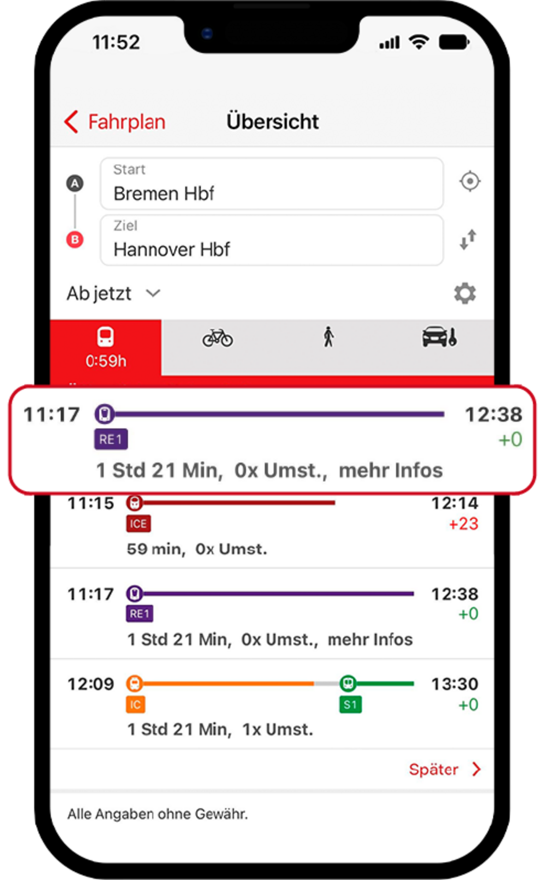 Fahrplanübersicht in der FahrPlaner-App für eine Strecke. Ein Link „mehr Infos“ führt zu weiteren Details.