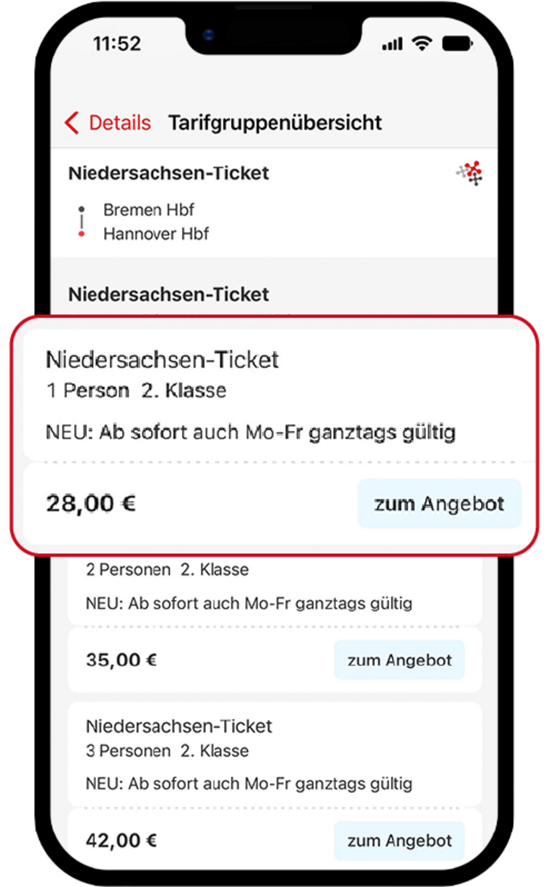 Tarifgruppenübersicht für das Niedersachsen-Ticket in der FahrPlaner-App. Die Auswahl für ein Ticket für eine Person in der 2. Klasse ist hervorgehoben. Ein Button „zum Angebot“ führt zur Buchungsseite.